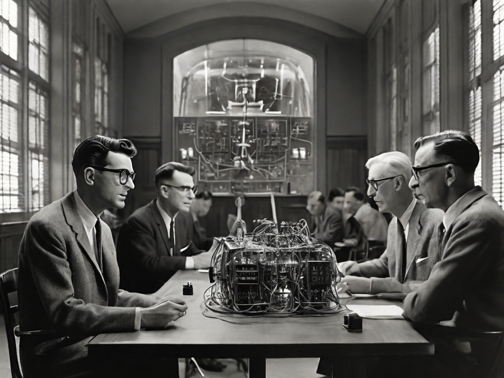 Depiction of Dartmouth Conference in 1956, organized by John McCarthy, Marvin Minsky, Nathaniel Rochester, and Claude Shannon.